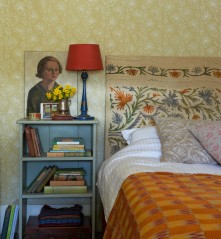 By Clare Richardson for Country Living - a vintage patterned paint roller on the walls and designs no.5& 9 on the cushions